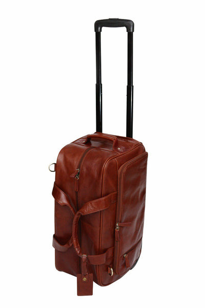 Babila Deluxe Cognac 2-Wheeled Leather Rolling Travel Bag